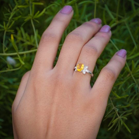 925 Sterling Silver Floral Citrine Ring with Silver Zircon Petals for Women