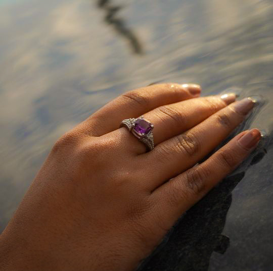 Size 6.5 Big Raw Amethyst Purple Crystal Cluster Ring in Fine Silver /
