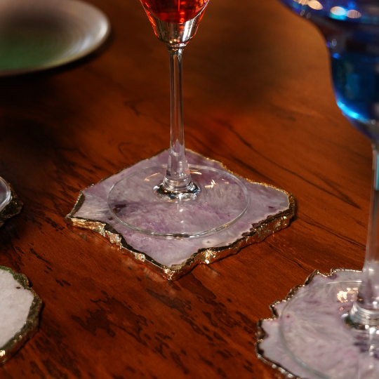 Guatemala BIBELOT Agate Handcrafted Luxury Gold plated Coaster (Square, Lavender)
