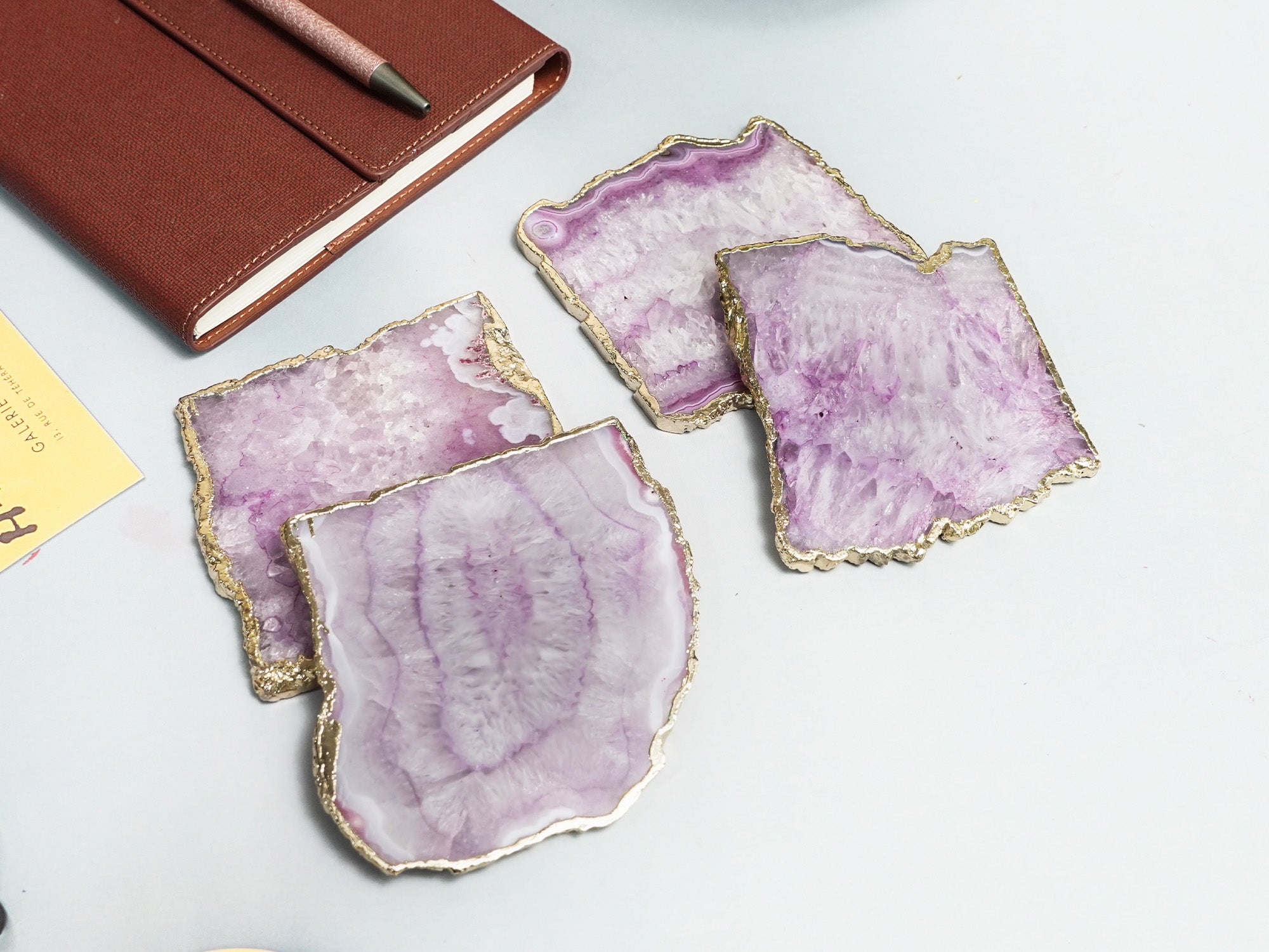 Egypt BIBELOT Agate Handcrafted Luxury Coasters l Gold plated Coasters (Pink)