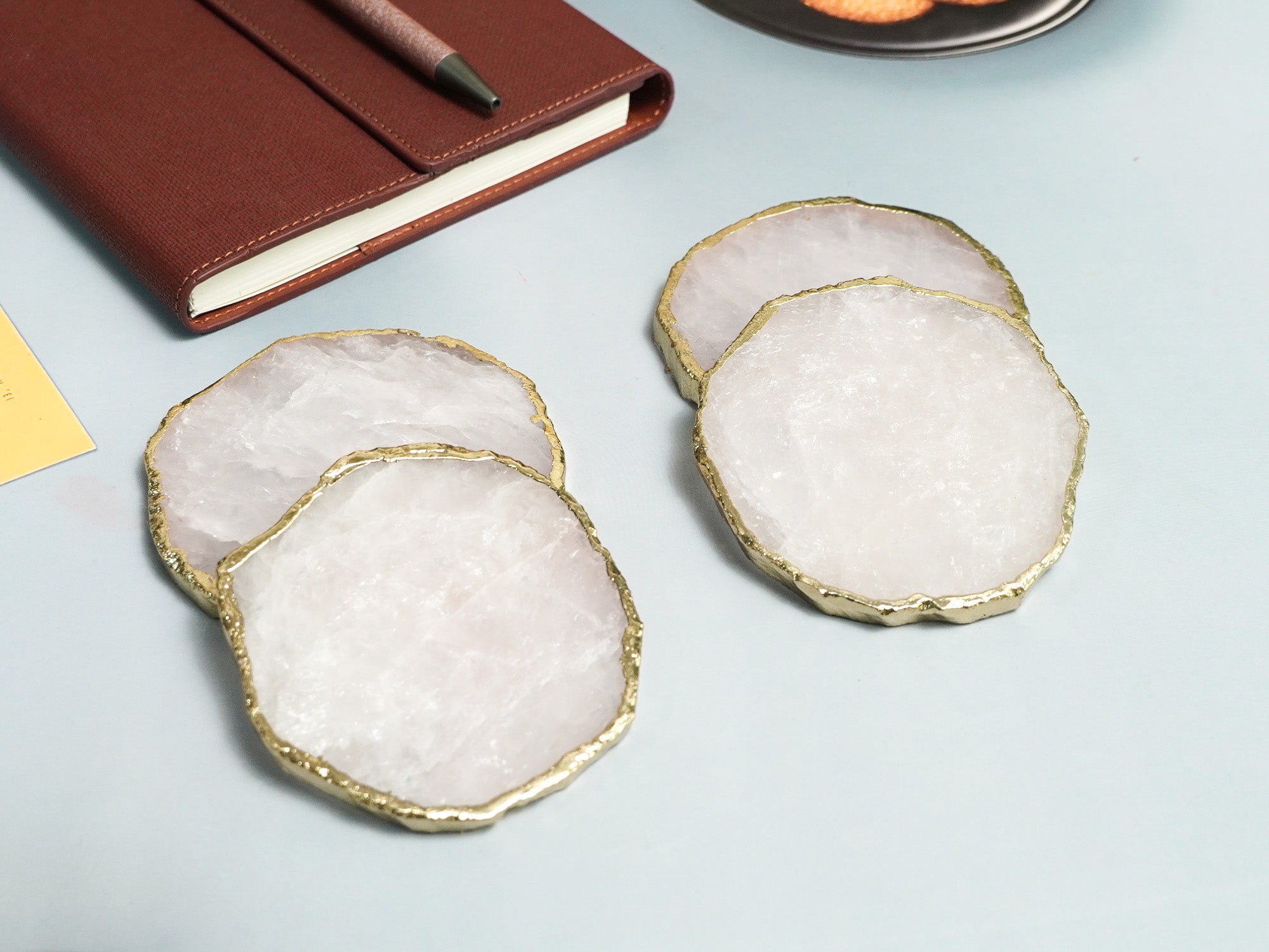 Belgium BIBELOT Agate Handcrafted Luxury Gold Plated Coasters (Circle, Eggshell White)