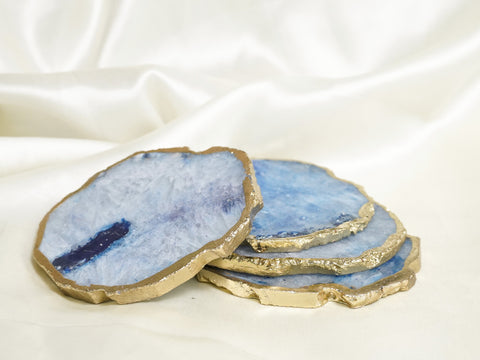 CAMEROON BIBELOT Agate Handcrafted Luxury Gold plated Coaster (Natural, Frozen Blue)
