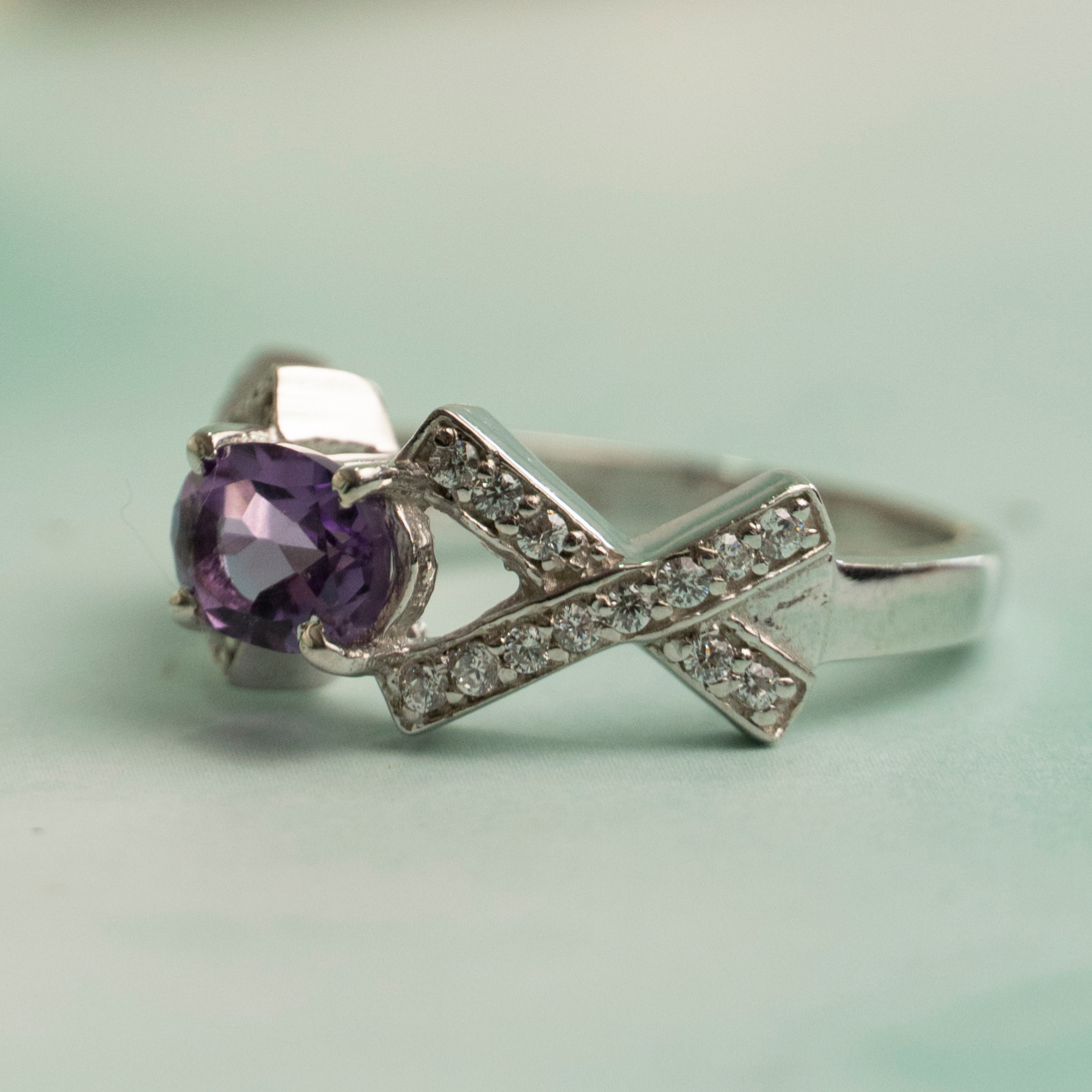 925 Sterling Silver Elegant Dual Cross Amethyst Ring for Women and Girls