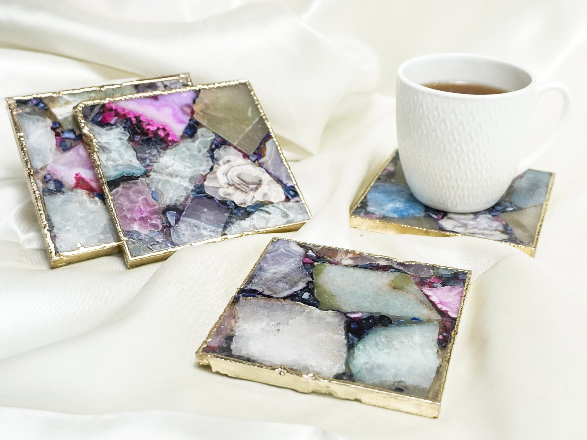 Belgium BIBELOT Agate Handcrafted Luxury Gold Plated Coasters ( Multi color )