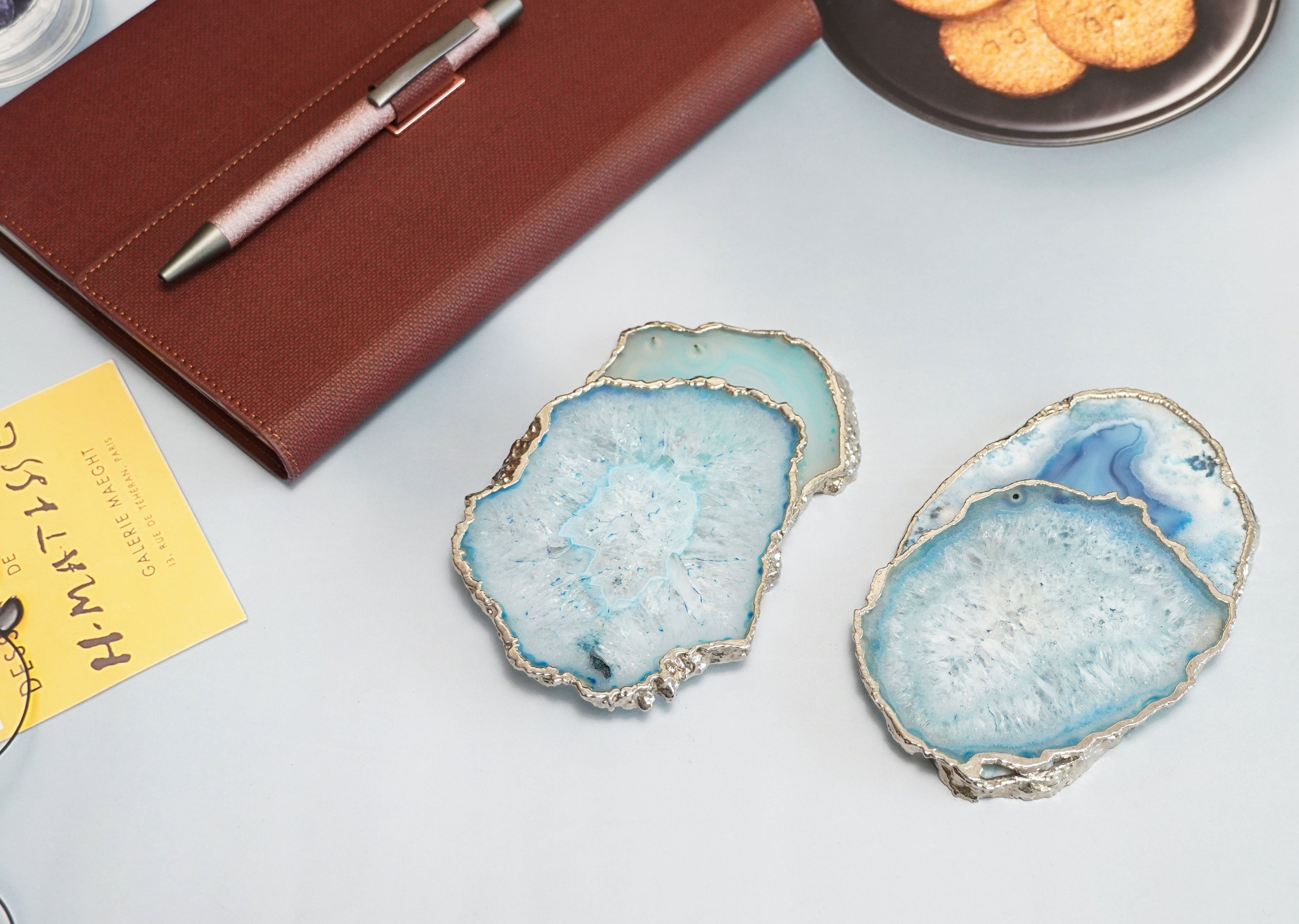 Albania BIBELOT Agate Handcrafted Luxury Silver Plated Coasters (Cloud Blue)