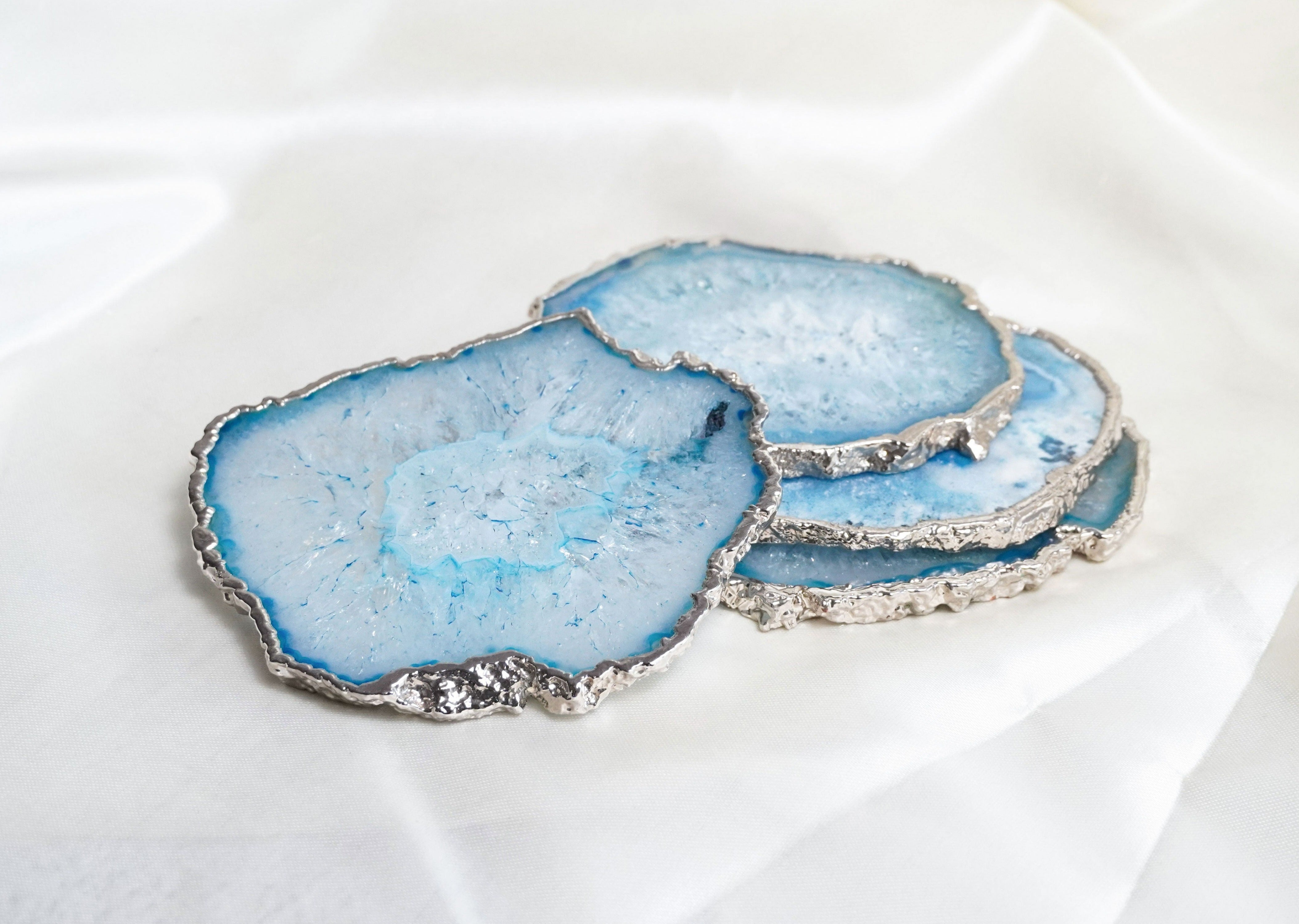 Albania BIBELOT Agate Handcrafted Luxury Silver Plated Coasters (Cloud Blue)