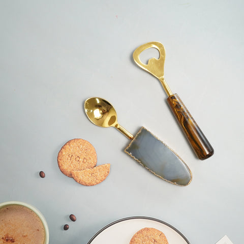 BIBELOT Handicrafts Agate Gold Salad Serving Spoon and Bottle Opener combo set (Gold Platted Edges and Stainless Steel)